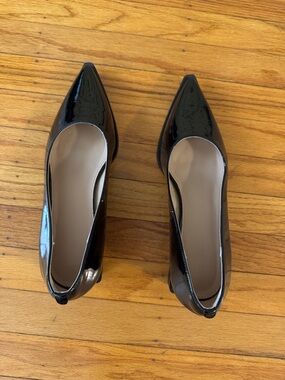 Patent Pointed-Toe Black Flats with chunk heel and pop of color.
